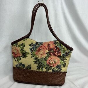 Stone Mountain Large Floral Satchel Shoulder Bag Purse Canvas Brown Faux Leather